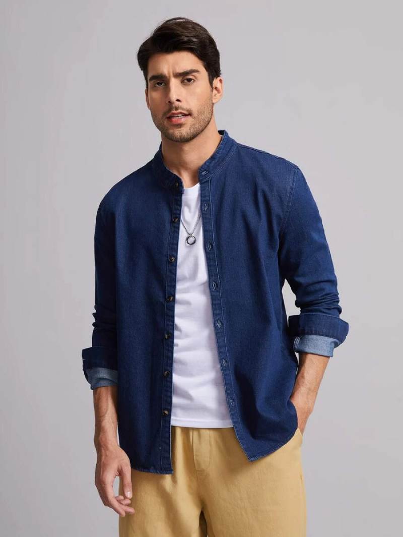 SHEIN Men Medium Washed Button Front Denim Shirt