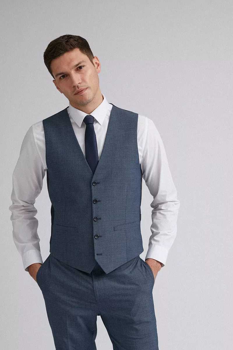 Blue Jaspe Check Slim Fit Suit Waistcoat -